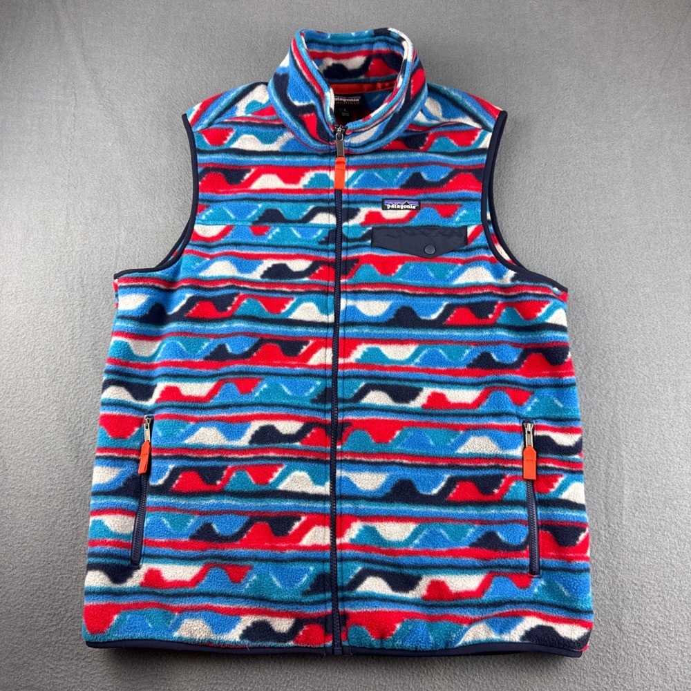 Patagonia Synchilla Vest Mens L Blue Red Fleece Full Zip Geometric Aztec Rainbow